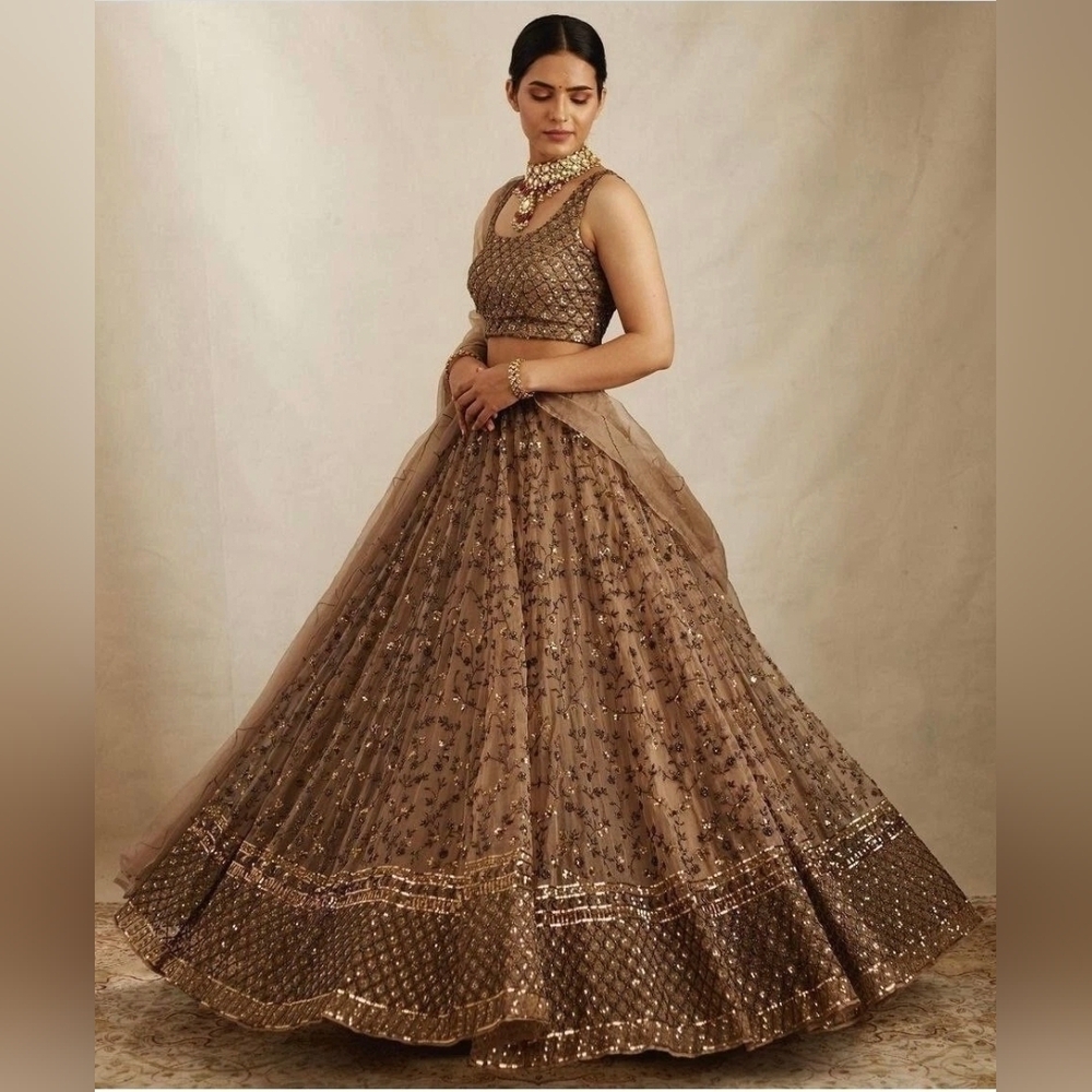 Golden Brown Organza Lehenga Choli With Zari Work - Size 6